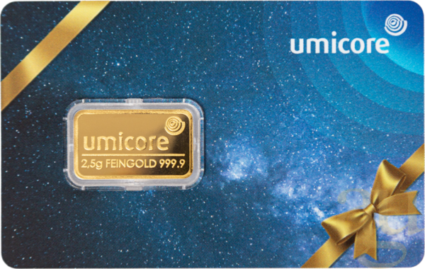 Lingou de aur Umicore 2,5 grame - Cartelă cadou